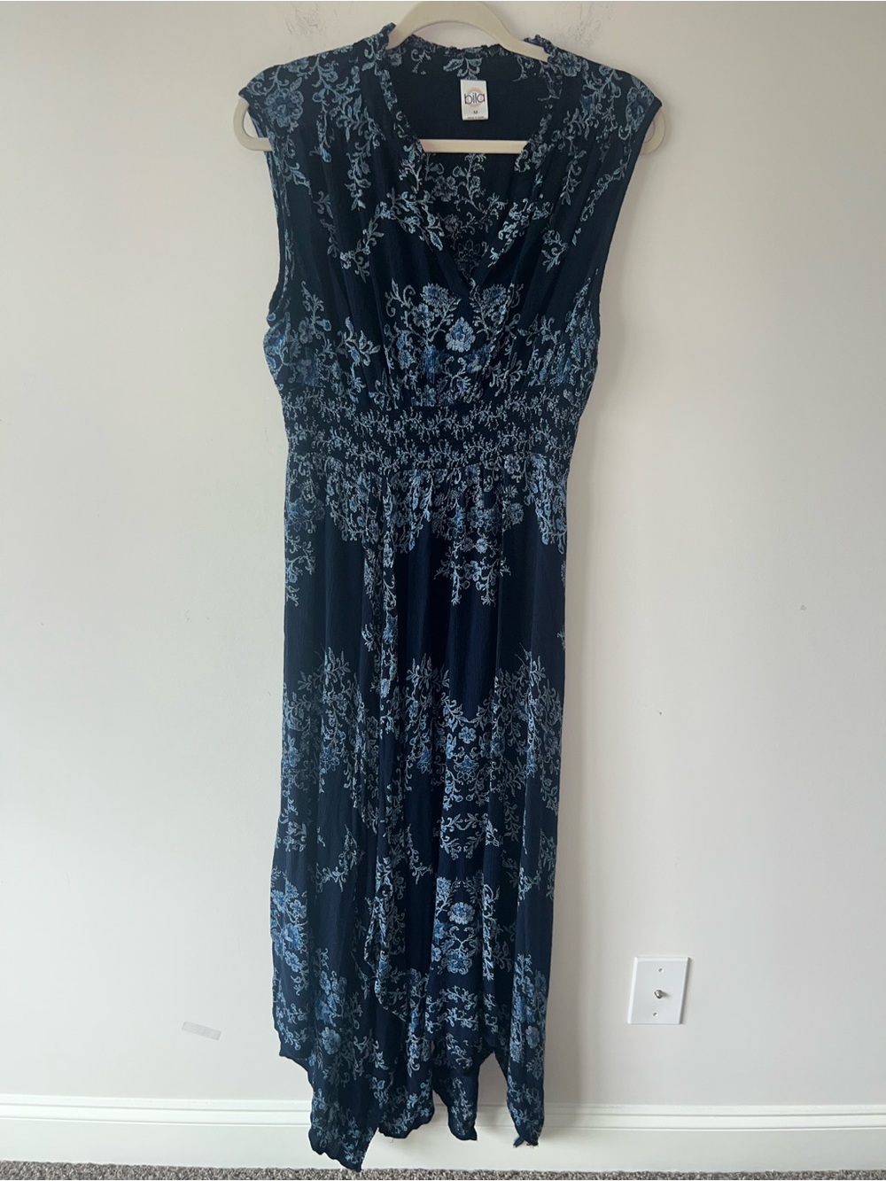 Bila Navy Blue Midi Dress with Light Blue Floral Print Smocked Waistband